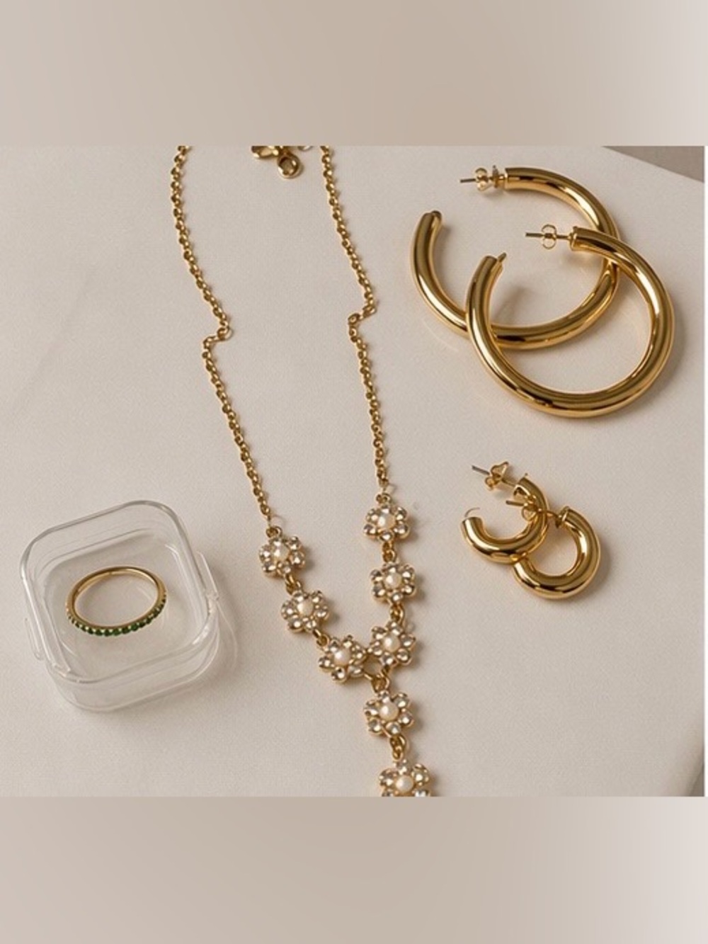 ✨Gold Tone Floral Crystal Necklace + Hoop Earrings + 14k Emerald Stones Ring💚